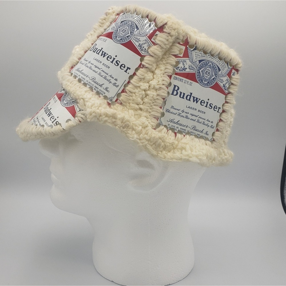 Vintage Handmade Crocheted Off-White Beer Can Hat‎ Cap BUDWEISER 70s Style